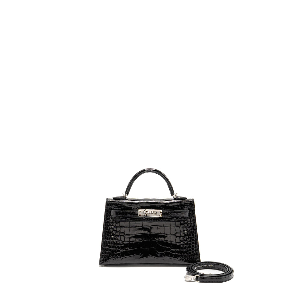 Hermes Mini Kelly II Shiny Alligator Mississippiensis Black SHW