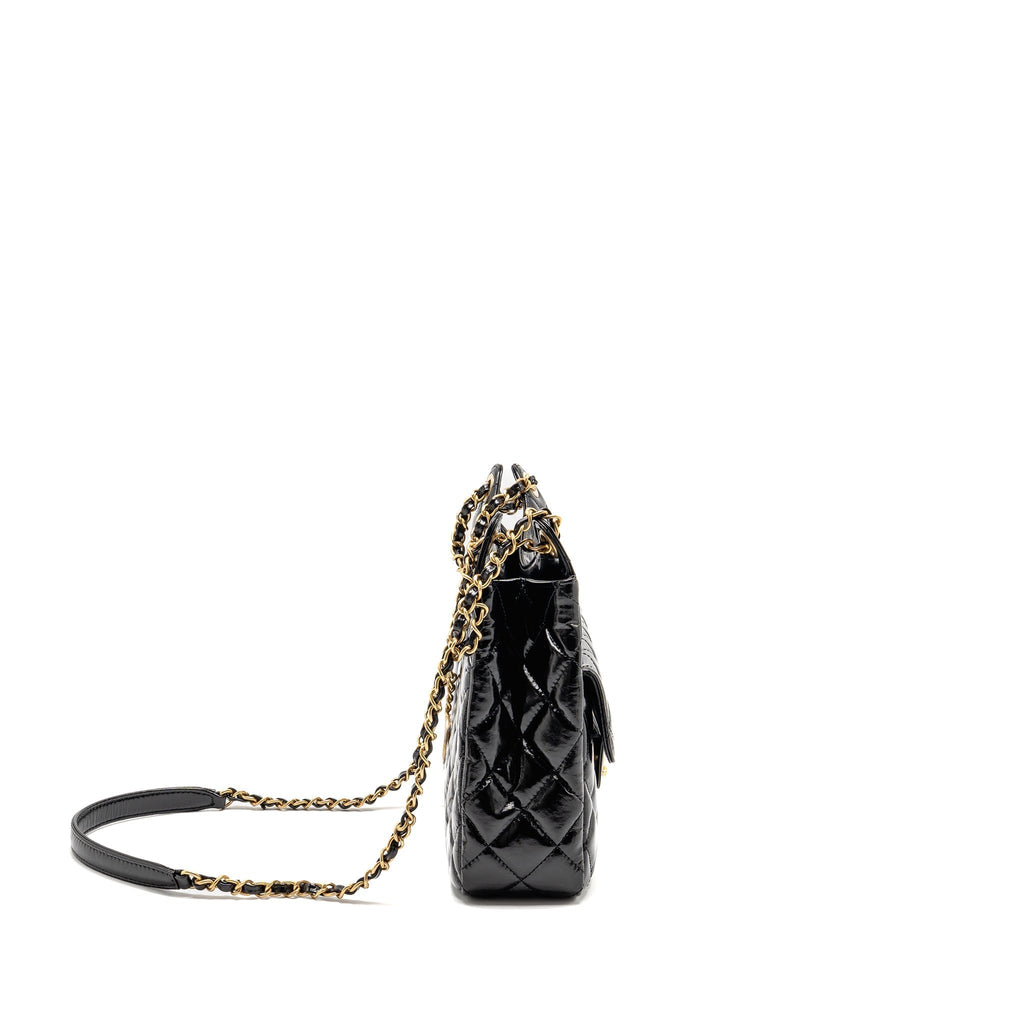 CHANEL HOBO BAG SHINY CALFSKIN BLACK BRUSHED GHW