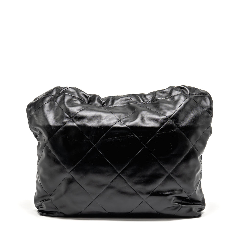 CHANEL MEDIUM 22 BAG GOLD LETTER SHINY CALFSKIN BLACK GHW (MICROCHIP)