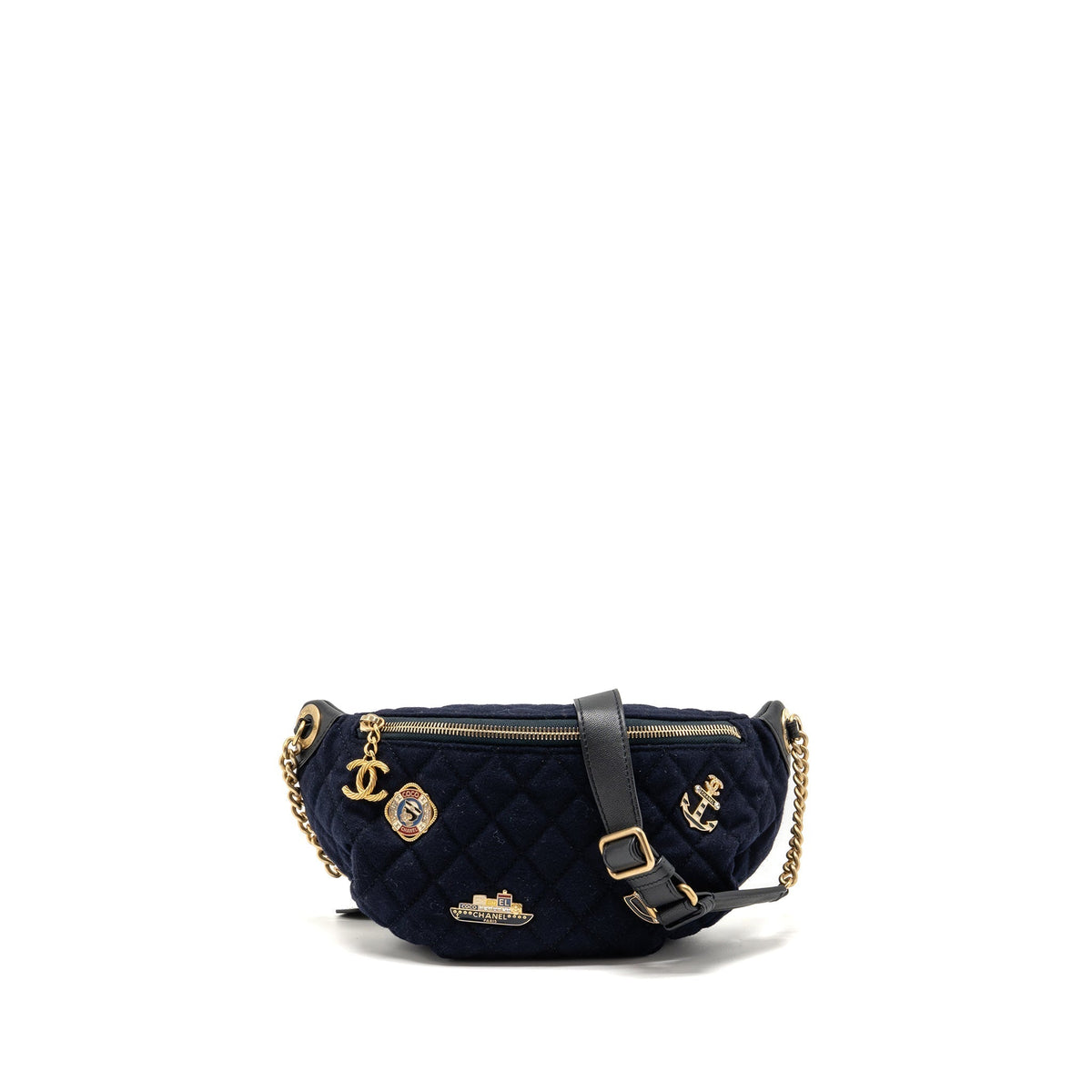 CHANEL PARIS HAMBURG CHARMS BELT BAG WOOL/LAMBSKIN NAVY/BLACK GHW
