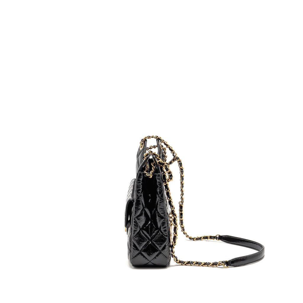 CHANEL HOBO BAG SHINY CALFSKIN BLACK BRUSHED GHW