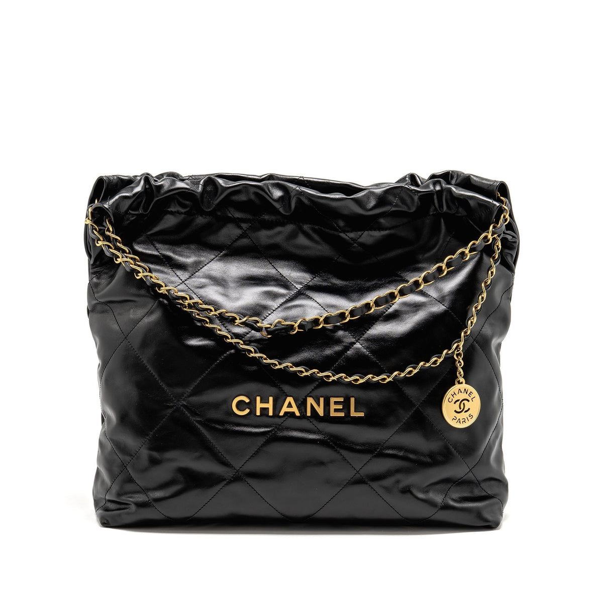 CHANEL MEDIUM 22 BAG GOLD LETTER SHINY CALFSKIN BLACK GHW (MICROCHIP)