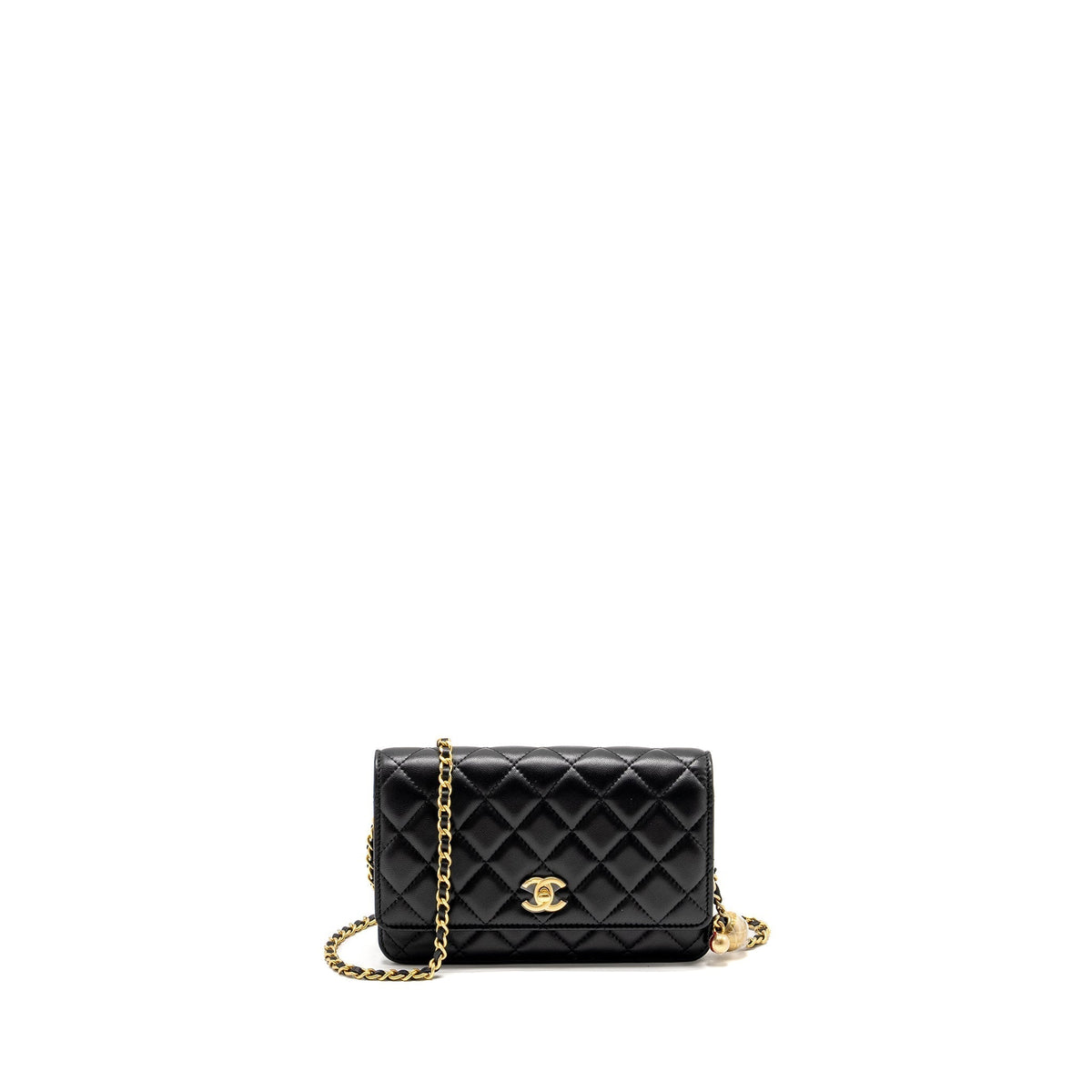 CHANEL PEARL CRUSH WALLET ON CHAIN LAMBSKIN BLACK GHW (MICROCHIP)