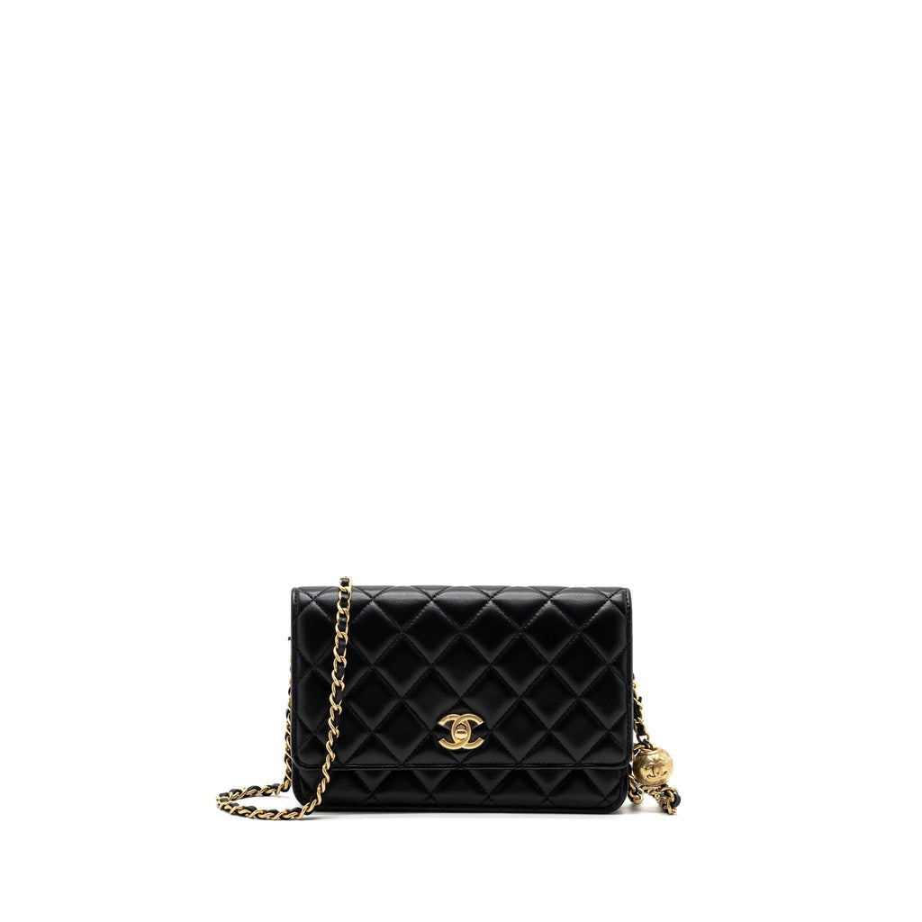 CHANEL PEARL CRUSH WALLET ON CHAIN LAMBSKIN BLACK GHW (MICROCHIP)
