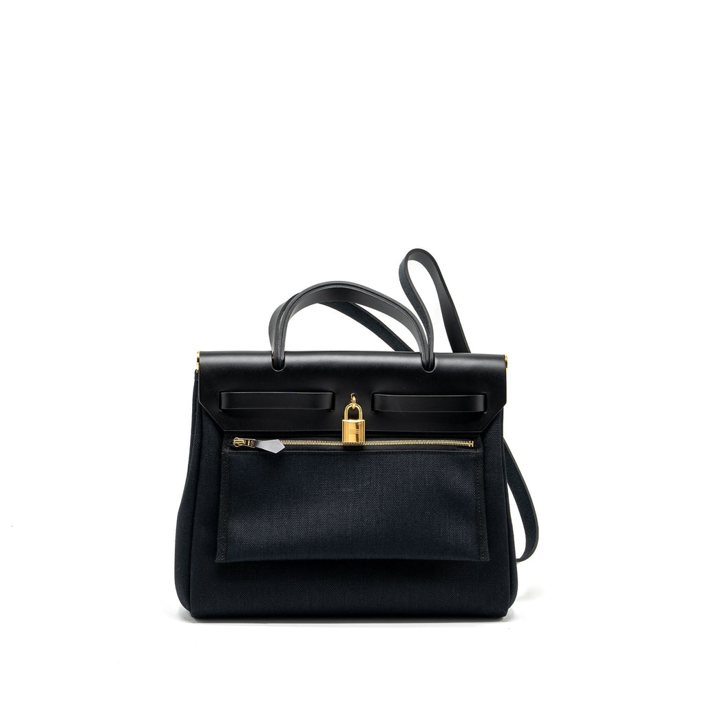 HERMES HERBAG 31 ZIP BAG CANVAS/LEATHER BLACK GHW
