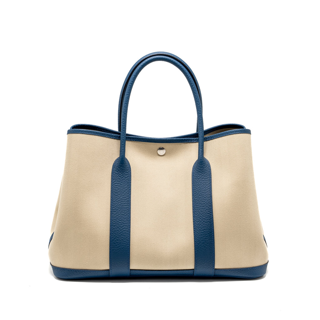 Hermes Garden Party 36 Canvas / Vache Country Craie / Bleu Outremer SHW