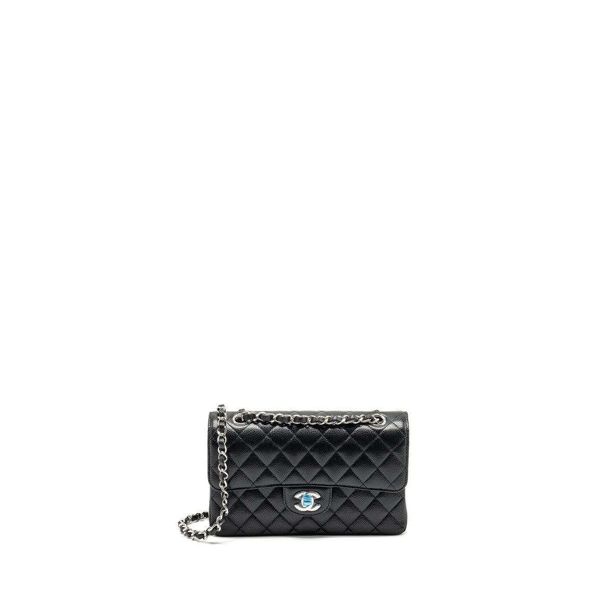 CHANEL SMALL CLASSIC DOUBLE FLAP BAG CAVIAR BLACK SHW (MICROCHIP)