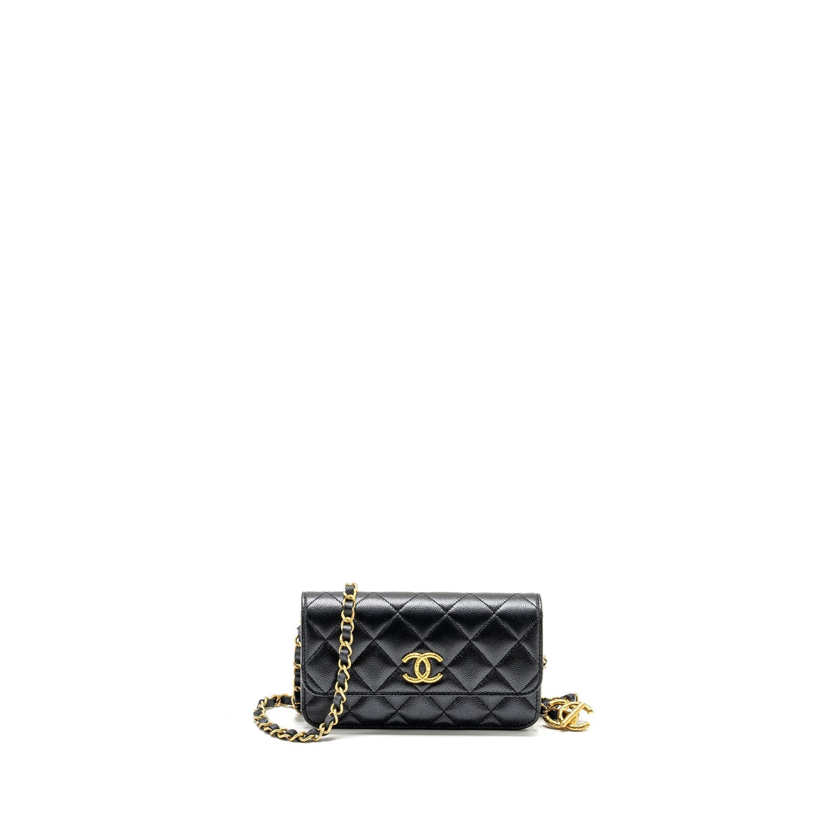 CHANEL 23B MINI FLAP WALLET WITH ADJUSTABLE CHAIN CAVIAR IRIDESCENT BLACK GHW (MICROCHIP)