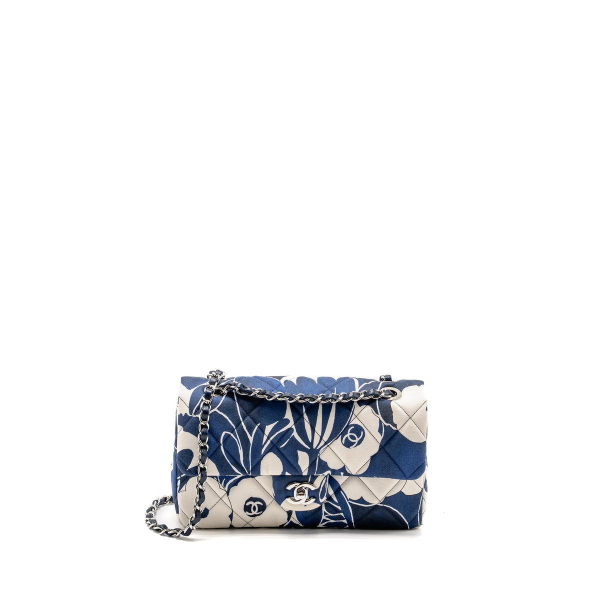 CHANEL MEDIUM LIMITED EDITION FLORA PRINTED CLASSIC FLAP BAG SILK BLUE/WHITE SHW (MICROCHIP)