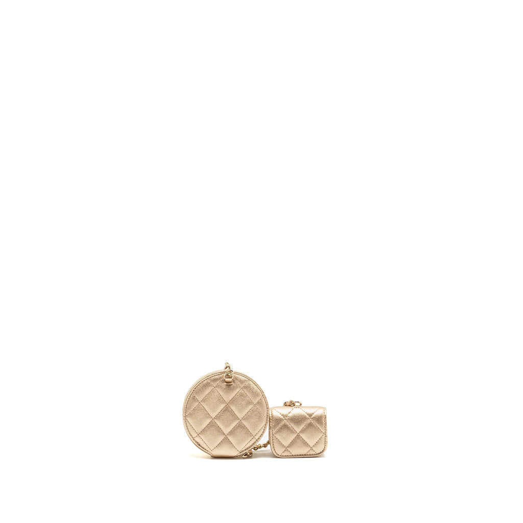CHANEL ROUND CLIP ON PURSE DUO BAG CHARM QUILTED LAMBSKIN METALLIC GOLD LGHW (MIRCOCHIP)