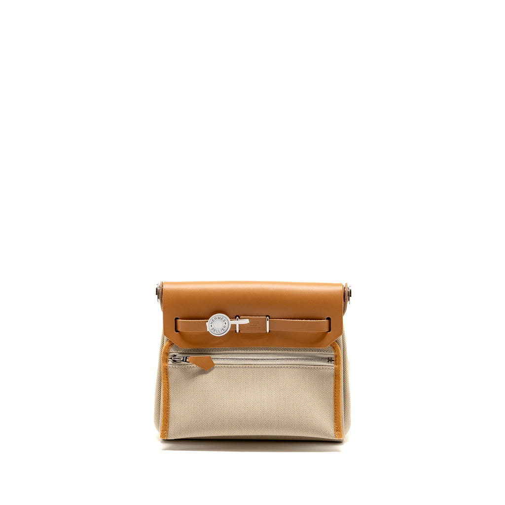 Hermes Herbag Mini Canvas/Hunter Leather Beton / Natural Sable SHW
