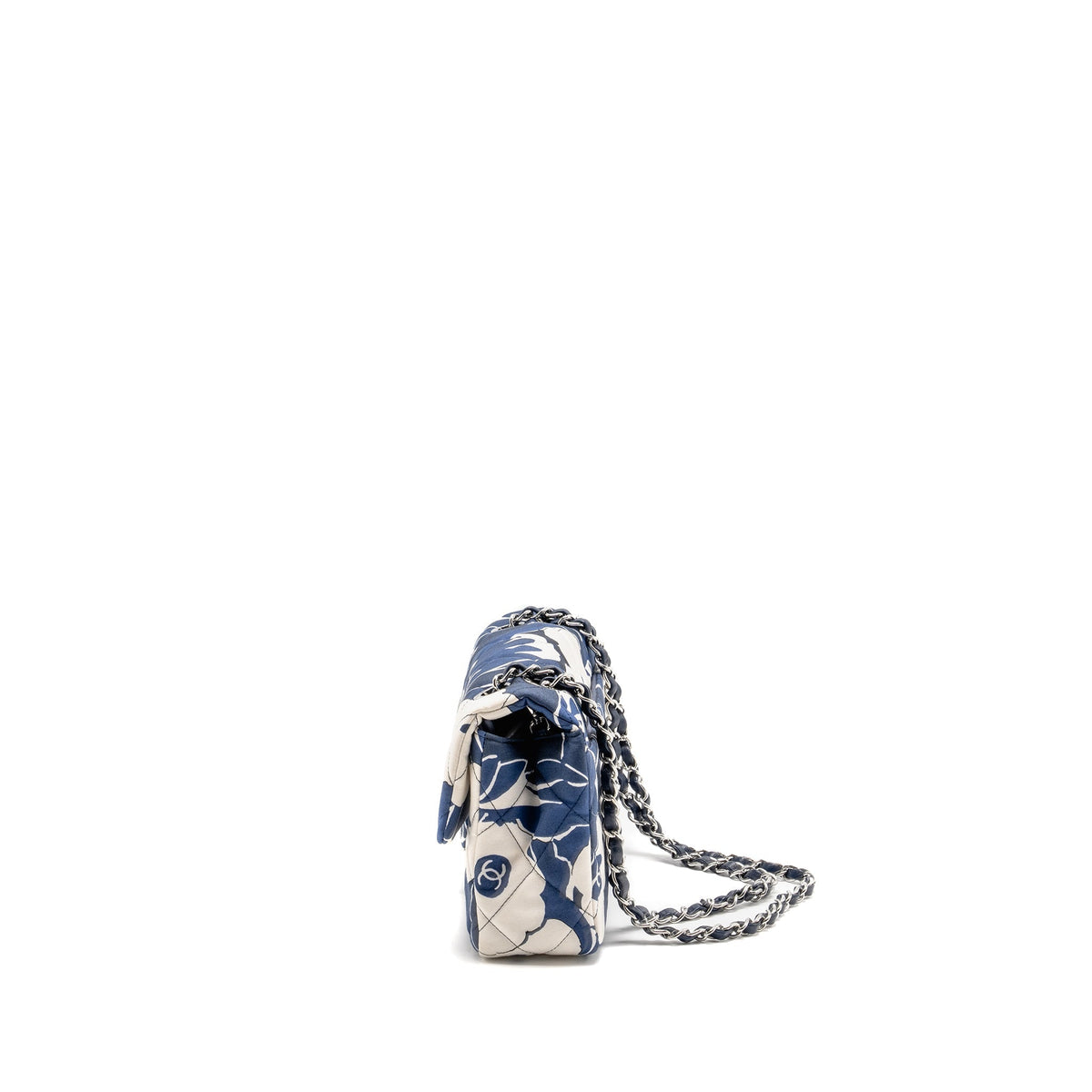 CHANEL MEDIUM LIMITED EDITION FLORA PRINTED CLASSIC FLAP BAG SILK BLUE/WHITE SHW (MICROCHIP)