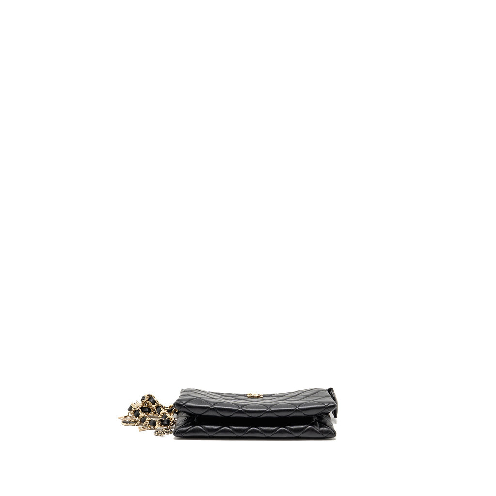 CHANEL COCO CHARMS CHAIN QUILTED POUCH BAG LAMBSKIN BLACK LGHW