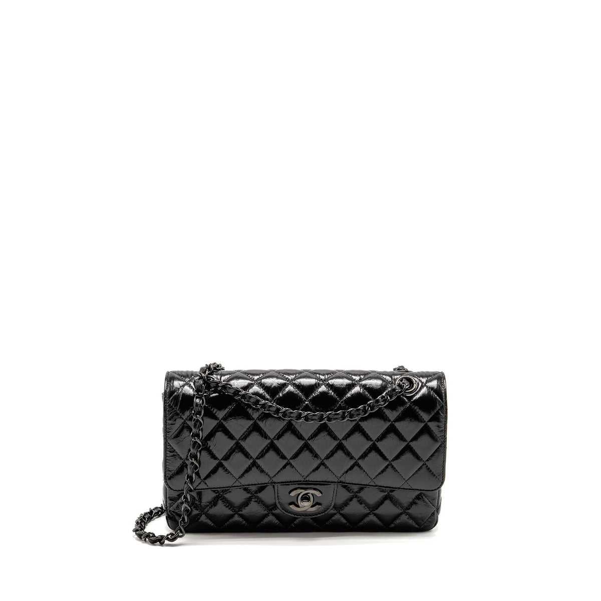 CHANEL MEDIUM CLASSIC DOUBLE FLAP BAG PATENT SO BLACK