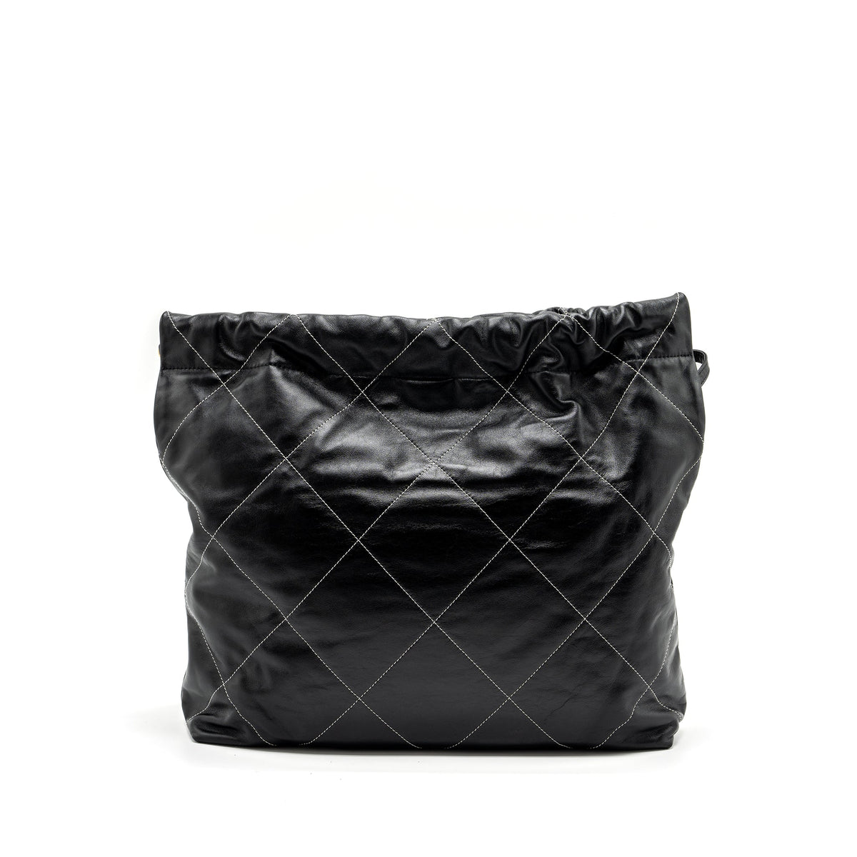 CHANEL MEDIUM 22 BAG SHINY CALFSKIN BLACK WITH WHITE STITCHING GOLD LETTER GHW (MICROCHIP)