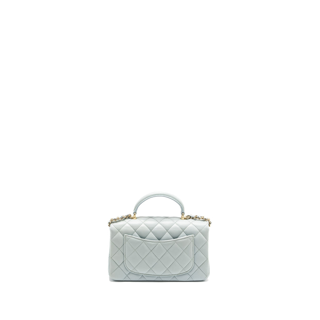 CHANEL TOP HANDLE MINI RECTANGULAR FLAP BAG LAMBSKIN LIGHT BLUE LGHW (MICROCHIP)