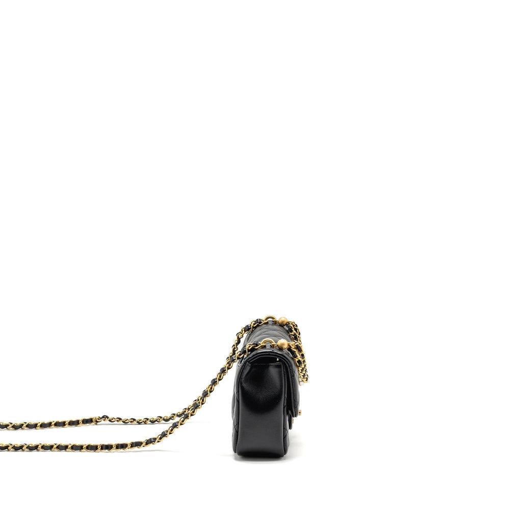 CHANEL 24P PEARL CHAIN MINI FLAP BAG LAMBSKIN BLACK GHW (MICROCHIP)