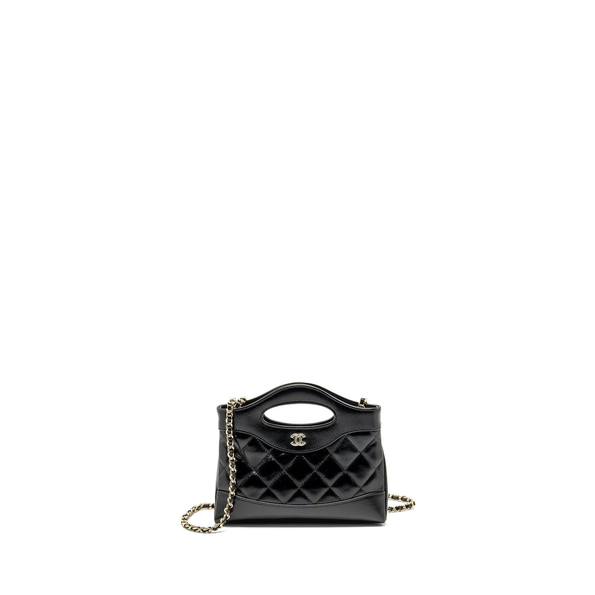 CHANEL MINI 31 CLUTCH WITH CHAIN SHINY CALFSKIN BLACK LGHW (MICROCHIP)