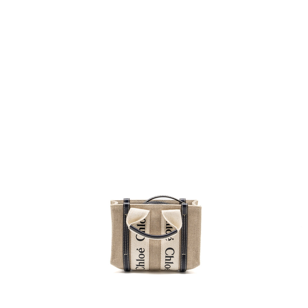 CHLOE WOODY MINI TOTE BAG CANVAS BEIGE/BLACK