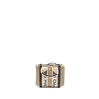 CHLOE WOODY MINI TOTE BAG CANVAS BEIGE/BLACK