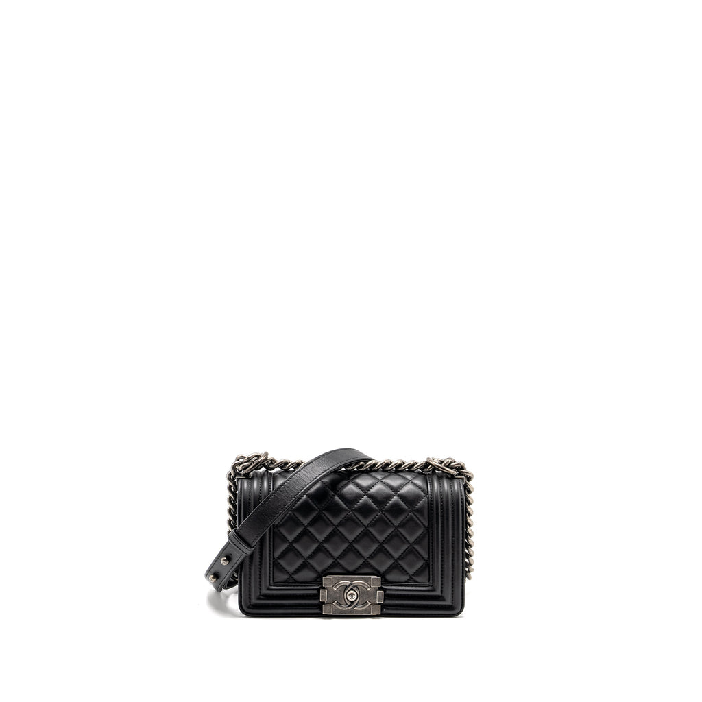 CHANEL SMALL BOY BAG CALFSKIN BLACK RUTHENIUM HARDWARE