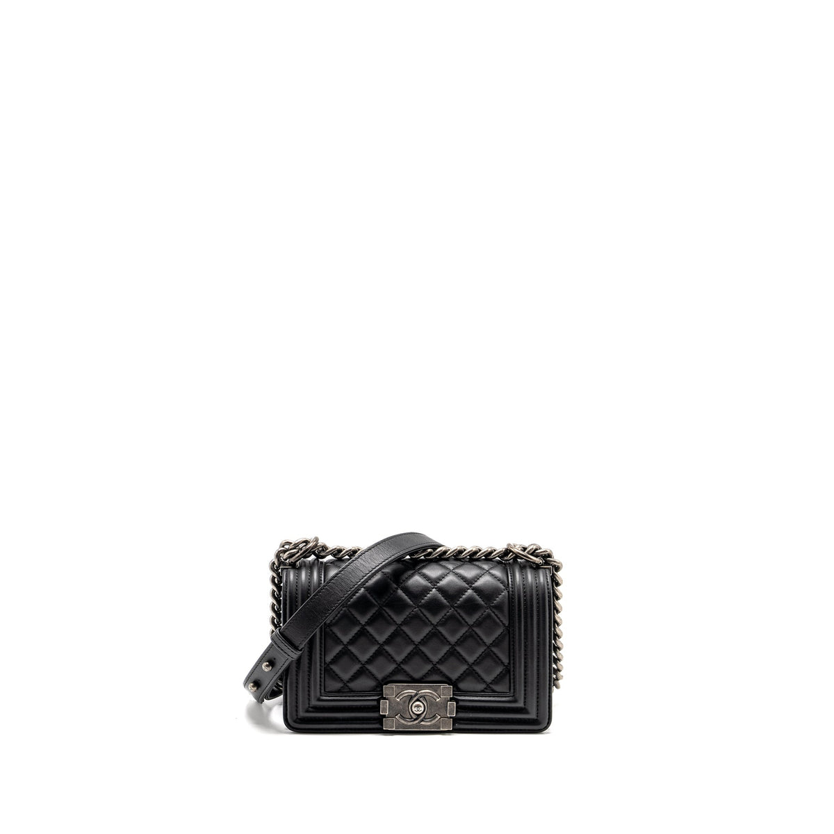 CHANEL SMALL BOY BAG CALFSKIN BLACK RUTHENIUM HARDWARE