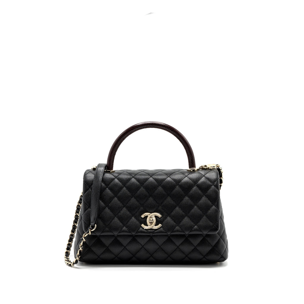 CHANEL MEDIUM COCO HANDLE FLAP BAG LIZARD EMBOSSED HANDLE CAVIAR BLACK LGHW