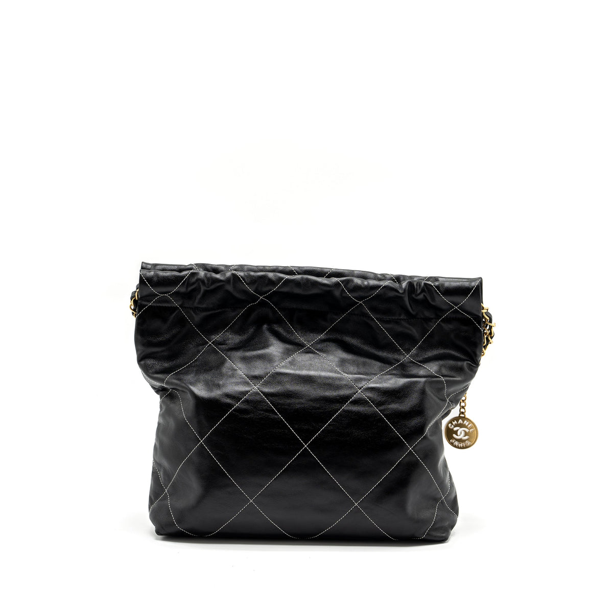 CHANEL SMALL 22 BAG CALFSKIN WITH WHITE STITCHING BLACK GHW (MICROCHIP)