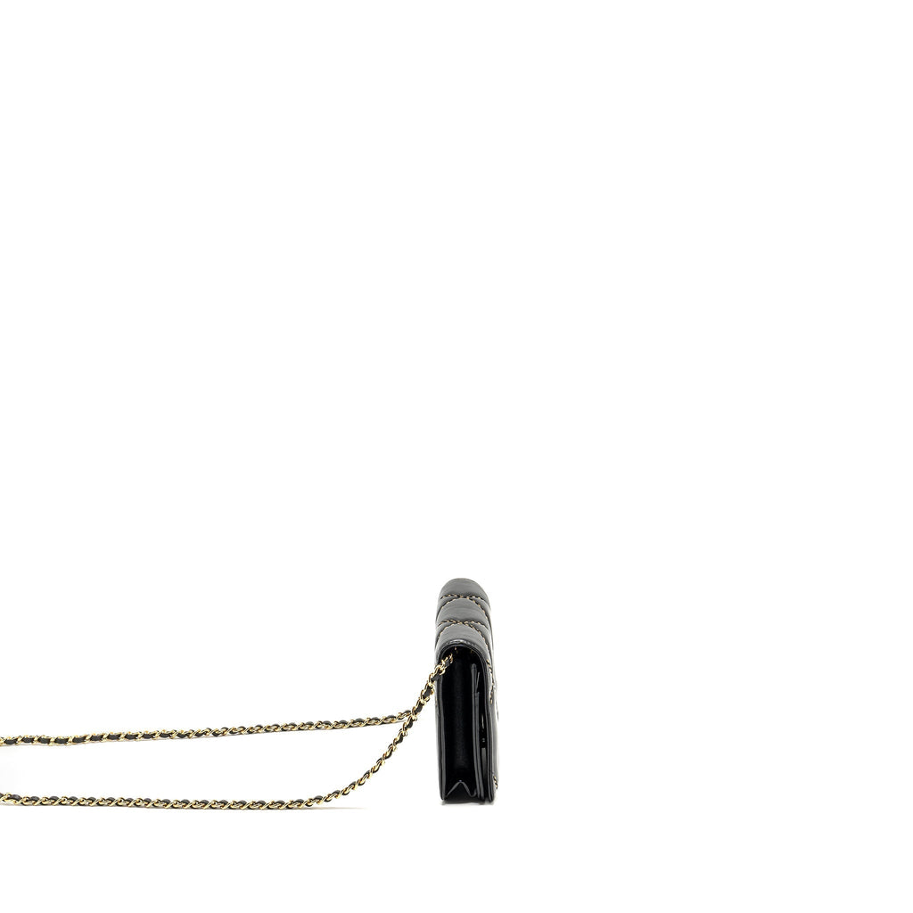 CHANEL QUILTED WALLET ON CHAIN SHINY CALFSKIN BLACK GHW (MICROCHIP)
