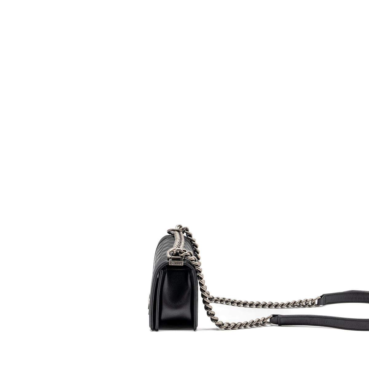 CHANEL SMALL BOY BAG CALFSKIN BLACK RUTHENIUM HARDWARE