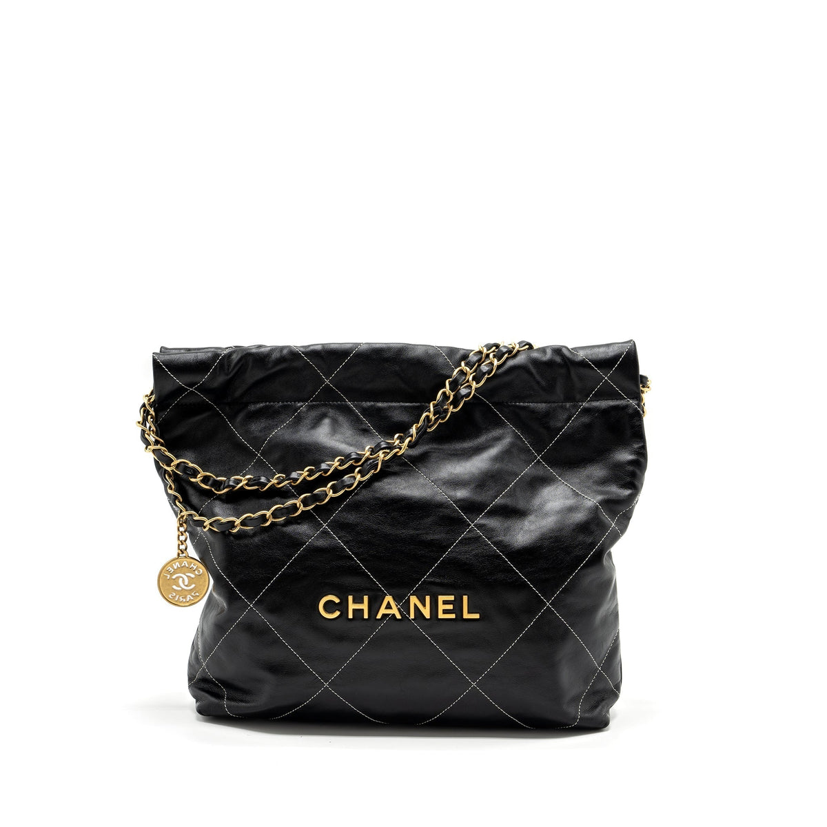 CHANEL SMALL 22 BAG CALFSKIN WITH WHITE STITCHING BLACK GHW (MICROCHIP)