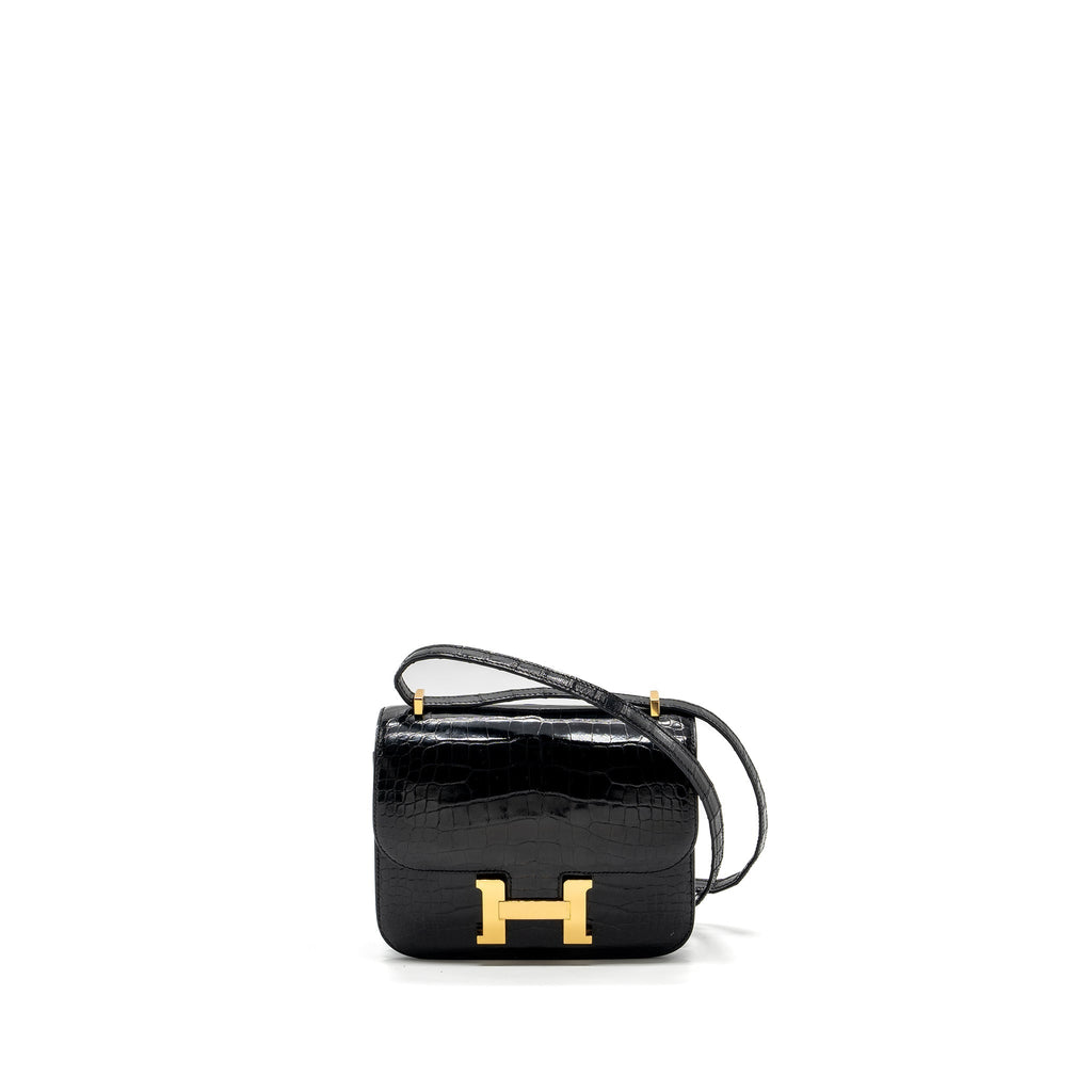 HERMES MINI CONSTANCE SHINY ALLIGATOR MISSISSIPPIENSIS BLACK GHW
