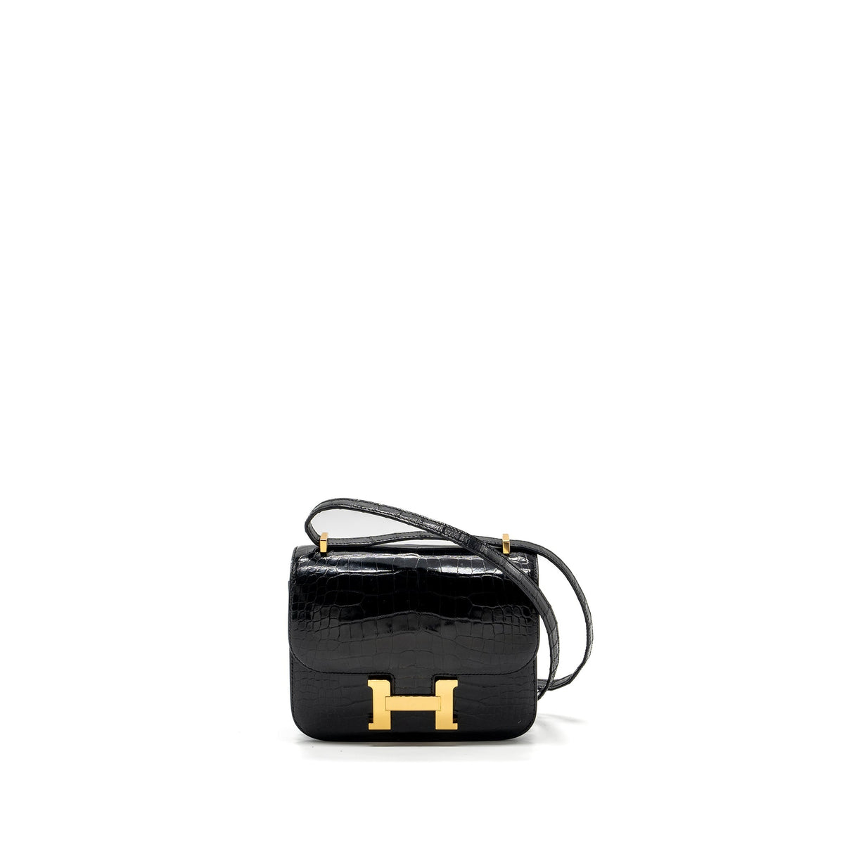 HERMES MINI CONSTANCE SHINY ALLIGATOR MISSISSIPPIENSIS BLACK GHW