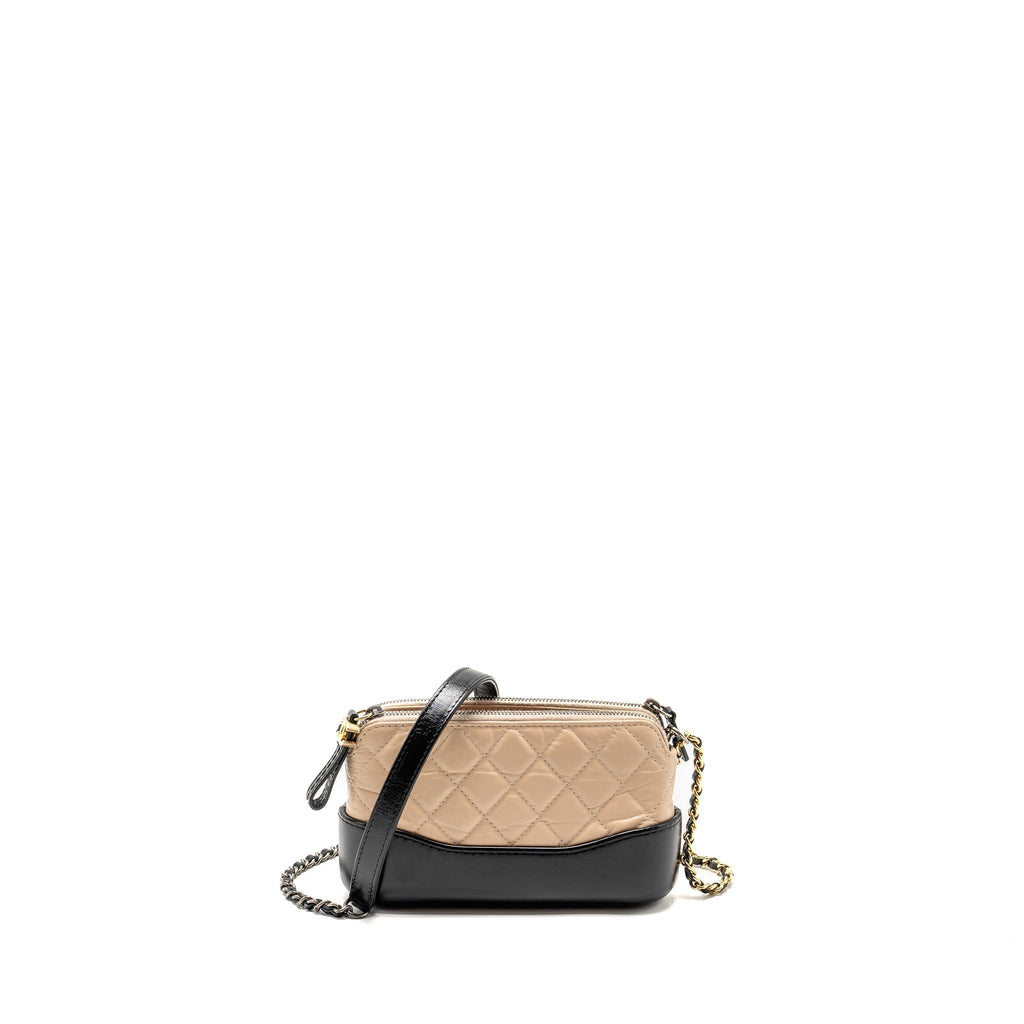 CHANEL GABRIELLE DOUBLE ZIP CLUTCH ON CHAIN CALFSKIN BEIGE / BLACK MULTICOLOR HARDWARE