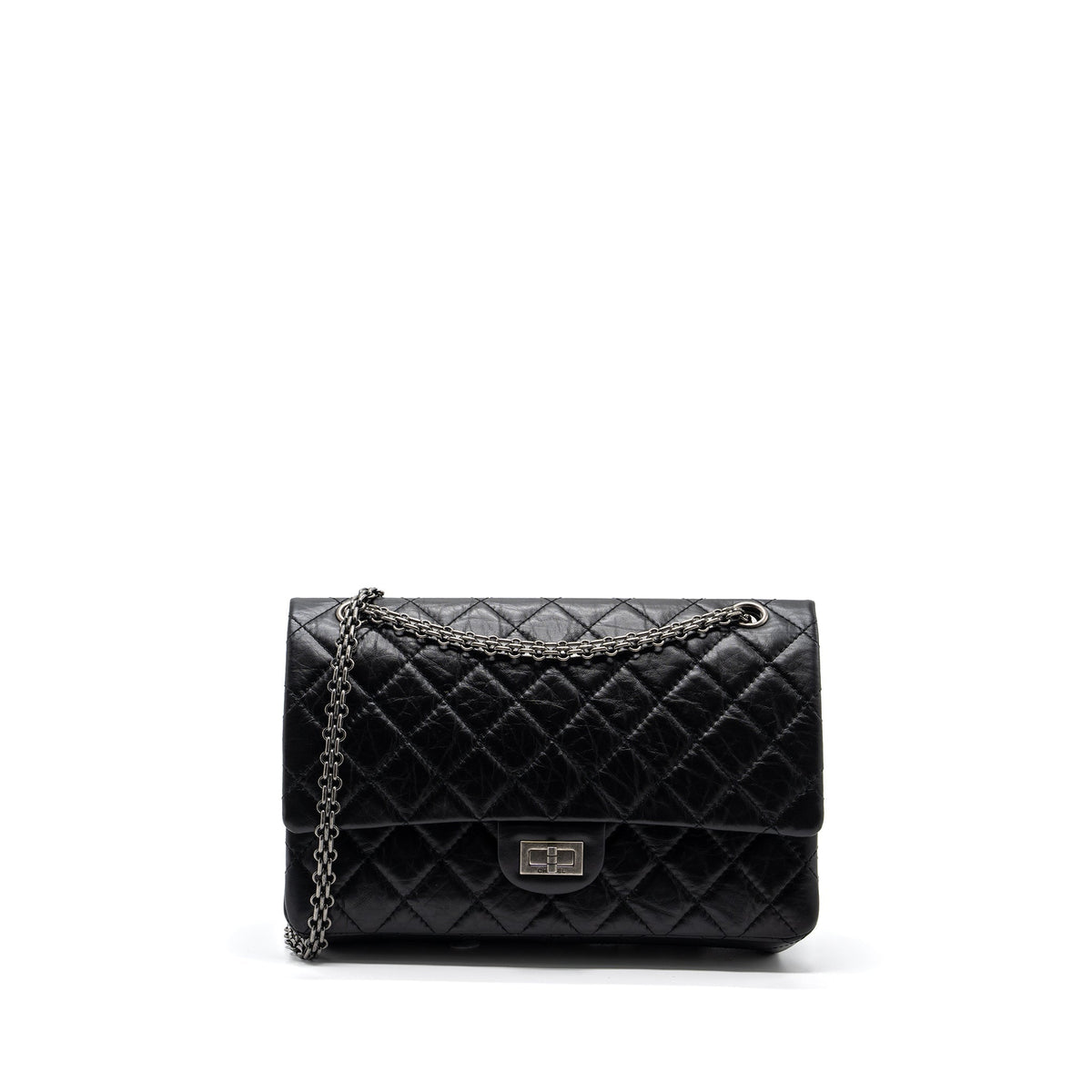 CHANEL LARGE 2.55 REISSUE FLAP BAG AGED CALFSKIN BLACK RUTHENIUM HARDWARE (MICROCHIP)