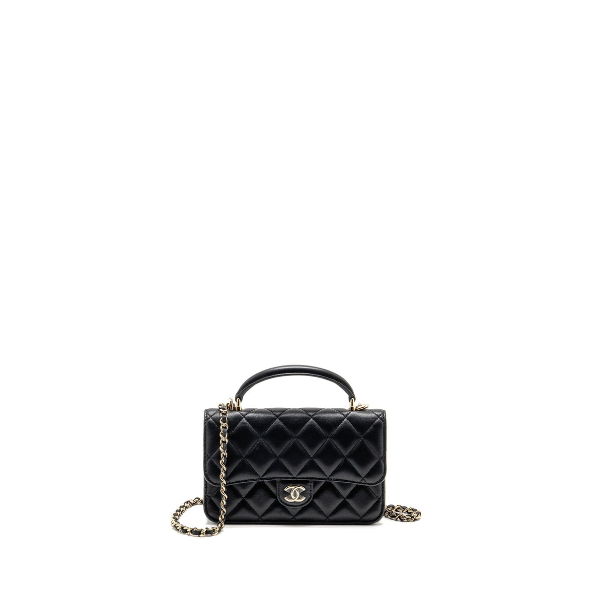 Chanel Top Handle Flap Phone Holder with Chain Lambskin Black LGHW (Microchip)