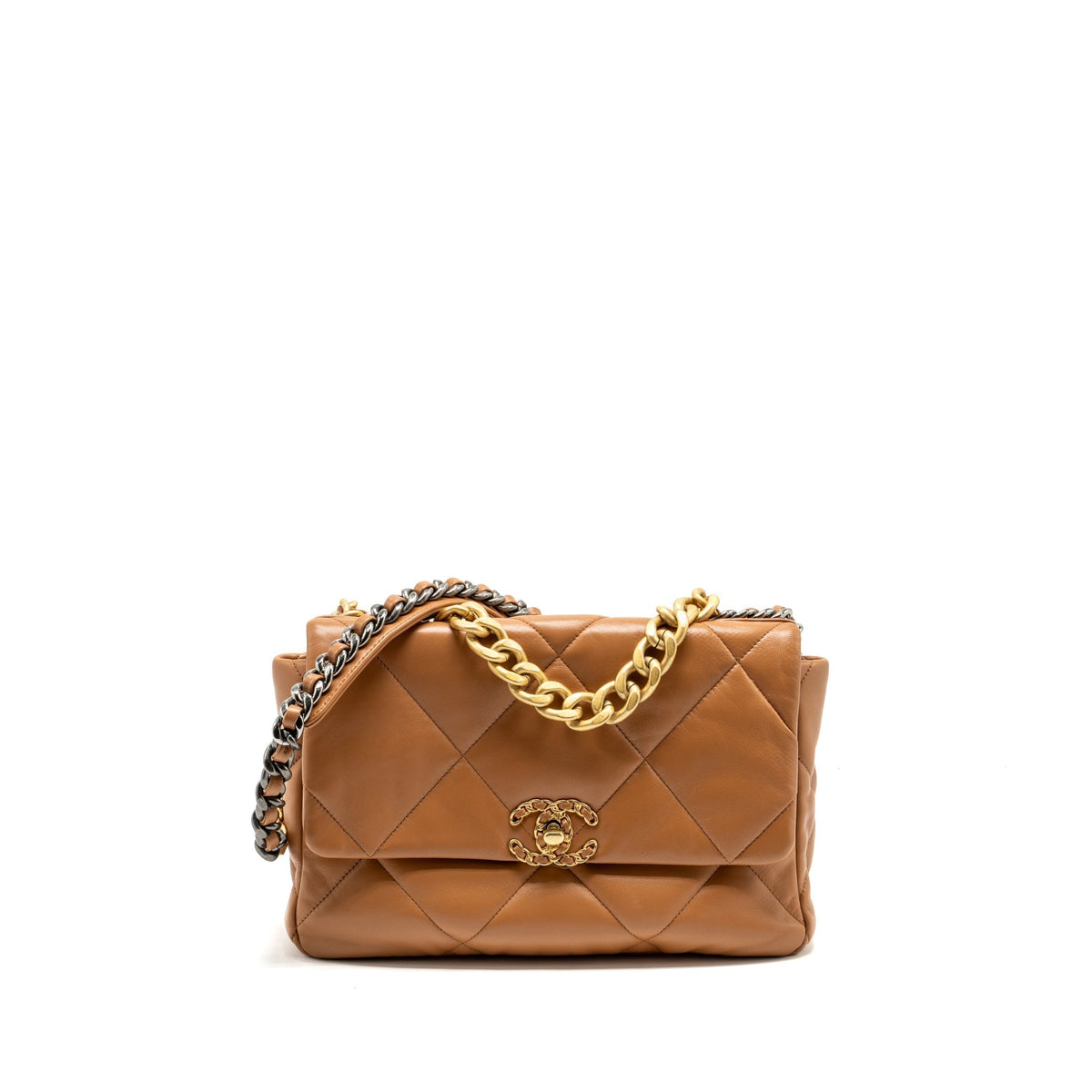 CHANEL LARGE 19 BAG 30CM LAMBSKIN CARAMEL MULTICOLOUR HARDWARE (MICROCHIP)