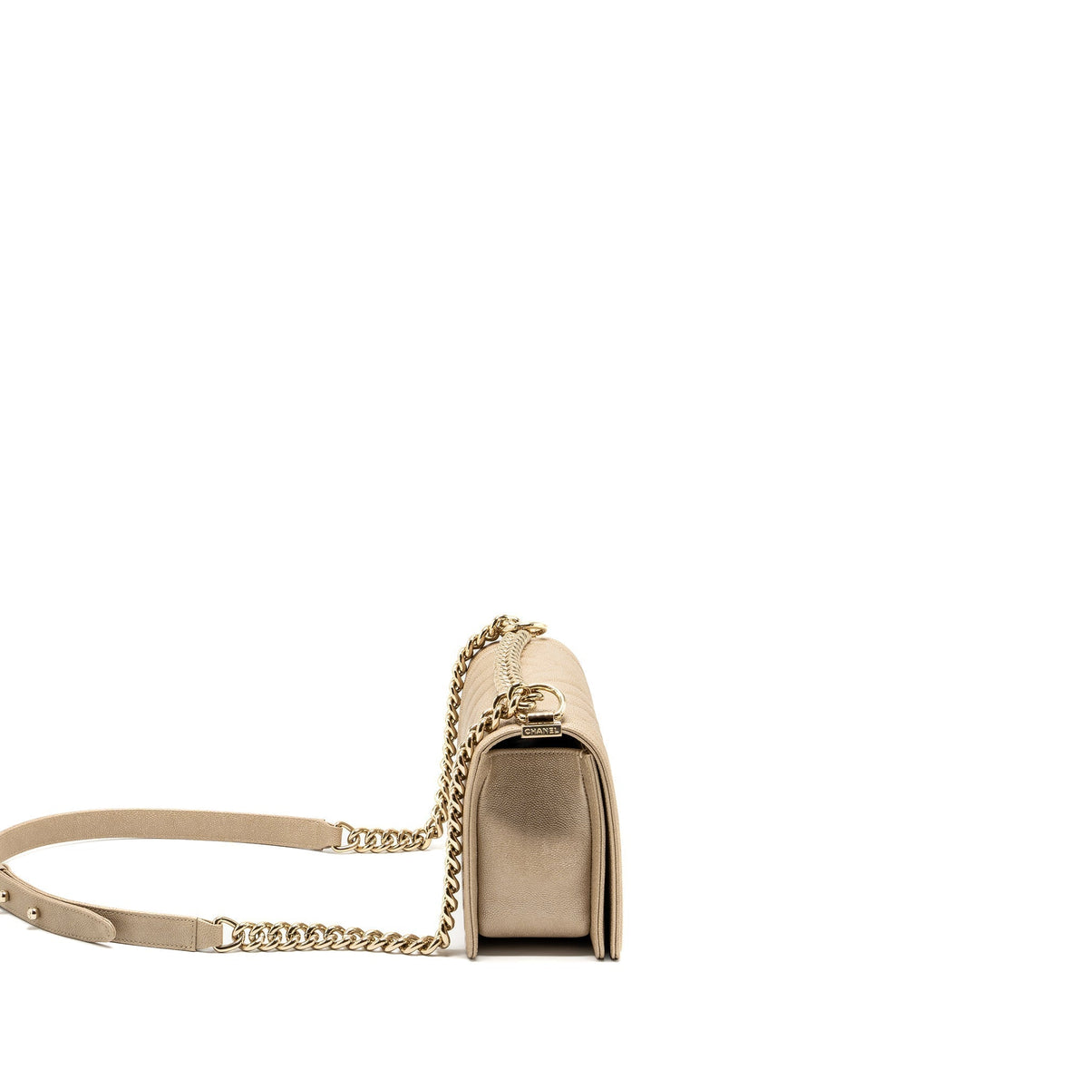 CHANEL MEDIUM CHEVRON BOY BAG CAVIAR IRIDESCENCE LIGHT BEIGE LGHW