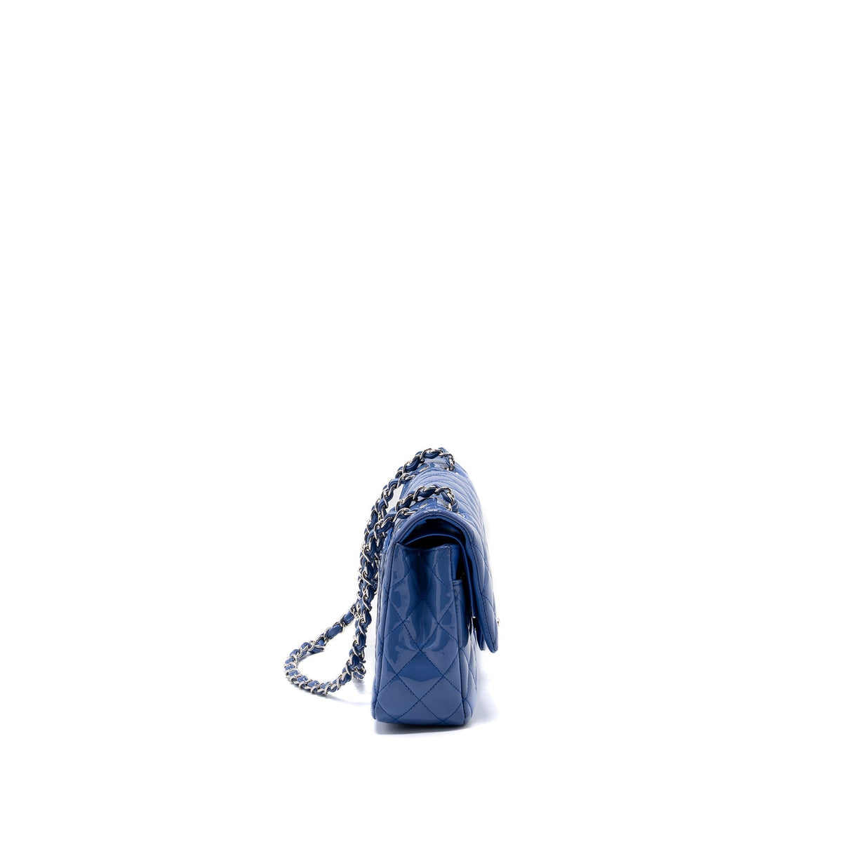 CHANEL MEDIUM CLASSIC DOUBLE FLAP BAG PATENT LIGHT BLUE SHW
