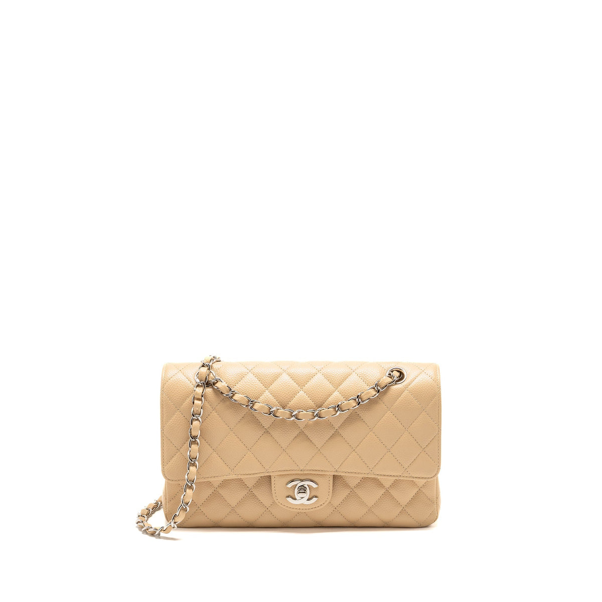 CHANEL MEDIUM CLASSIC DOUBLE FLAP BAG CAVIAR BEIGE SHW