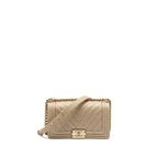 CHANEL MEDIUM CHEVRON BOY BAG CAVIAR IRIDESCENCE LIGHT BEIGE LGHW