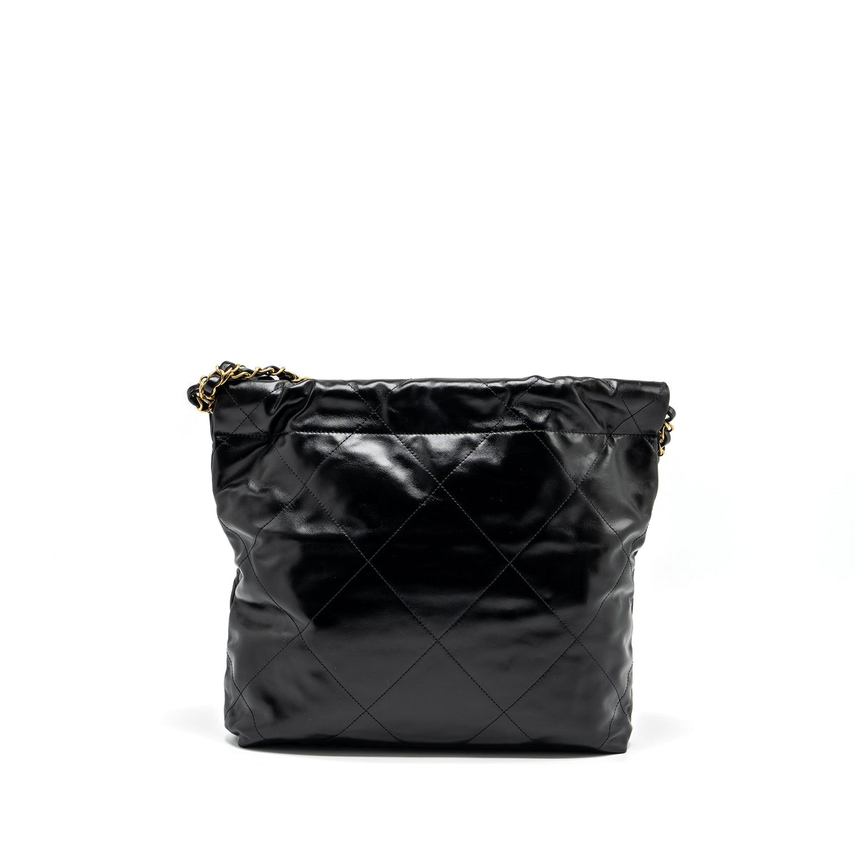 CHANEL SMALL 22 BAG GOLD LETTER SHINY CALFSKIN BLACK GHW (MICROCHIP)