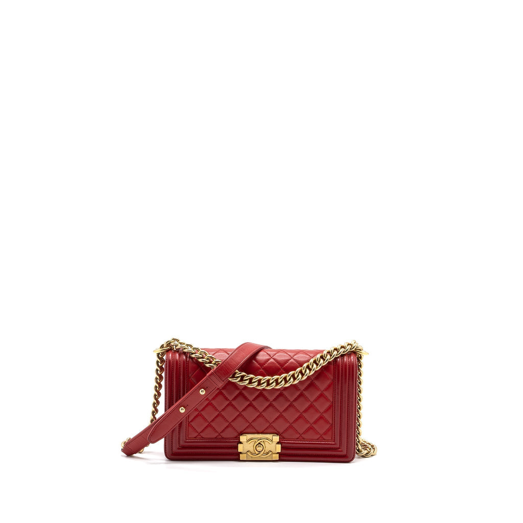 CHANEL MEDIUM BOY BAG LAMBSKIN RED BRUSHED GHW