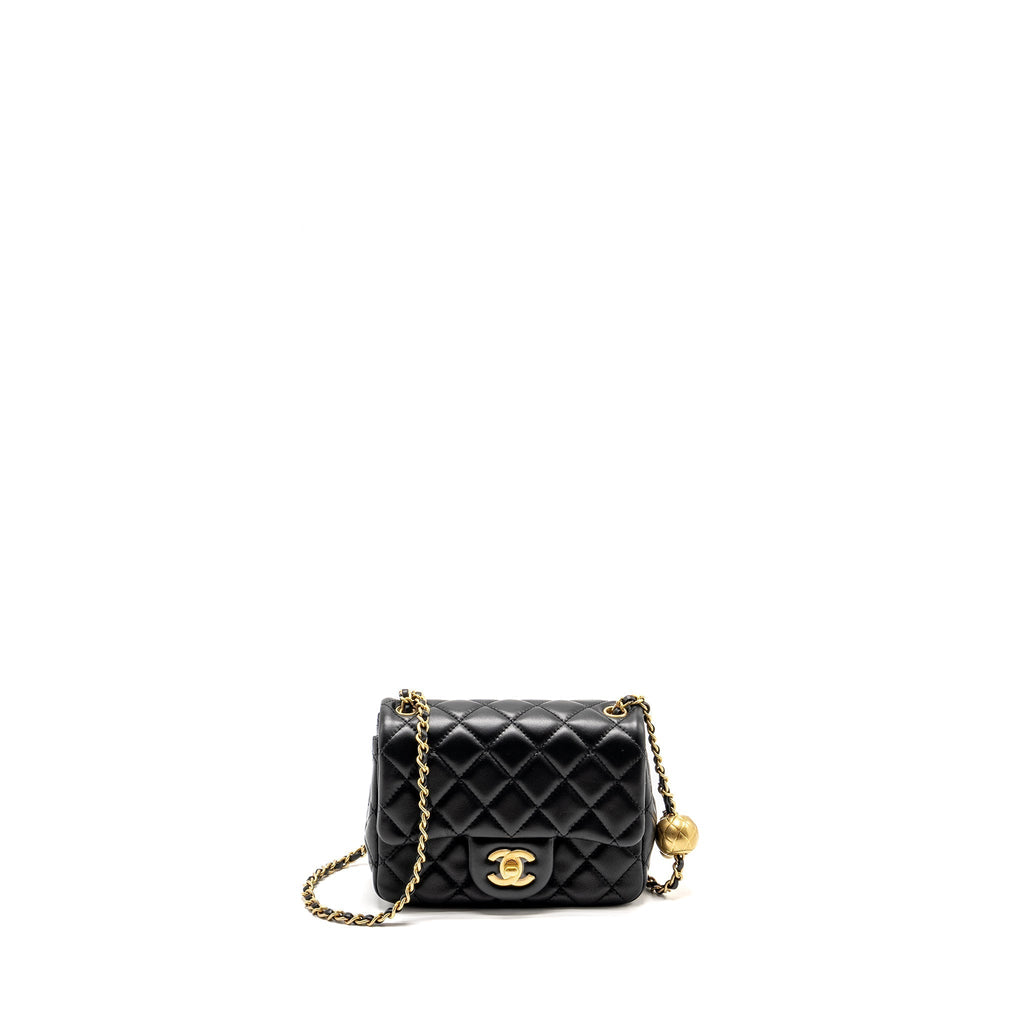 CHANEL PEARL CRUSH MINI SQUARE  FLAP BAG LAMBSKIN BLACK GHW (MICROCHIP)