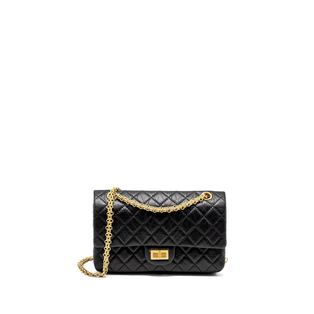 CHANEL SMALL 2.55 REISSUE DOUBLE FLAP BAG AGED CALFSKIN BLACK GHW (MICROCHIP)