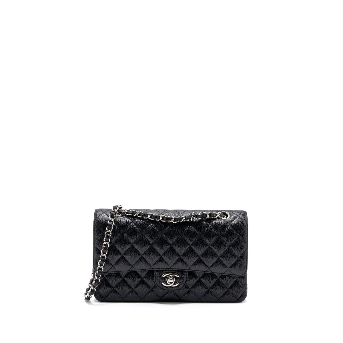 CHANEL MEDIUM CLASSIC DOUBLE FLAP BAG CAVIAR BLACK SHW (MICROCHIP)