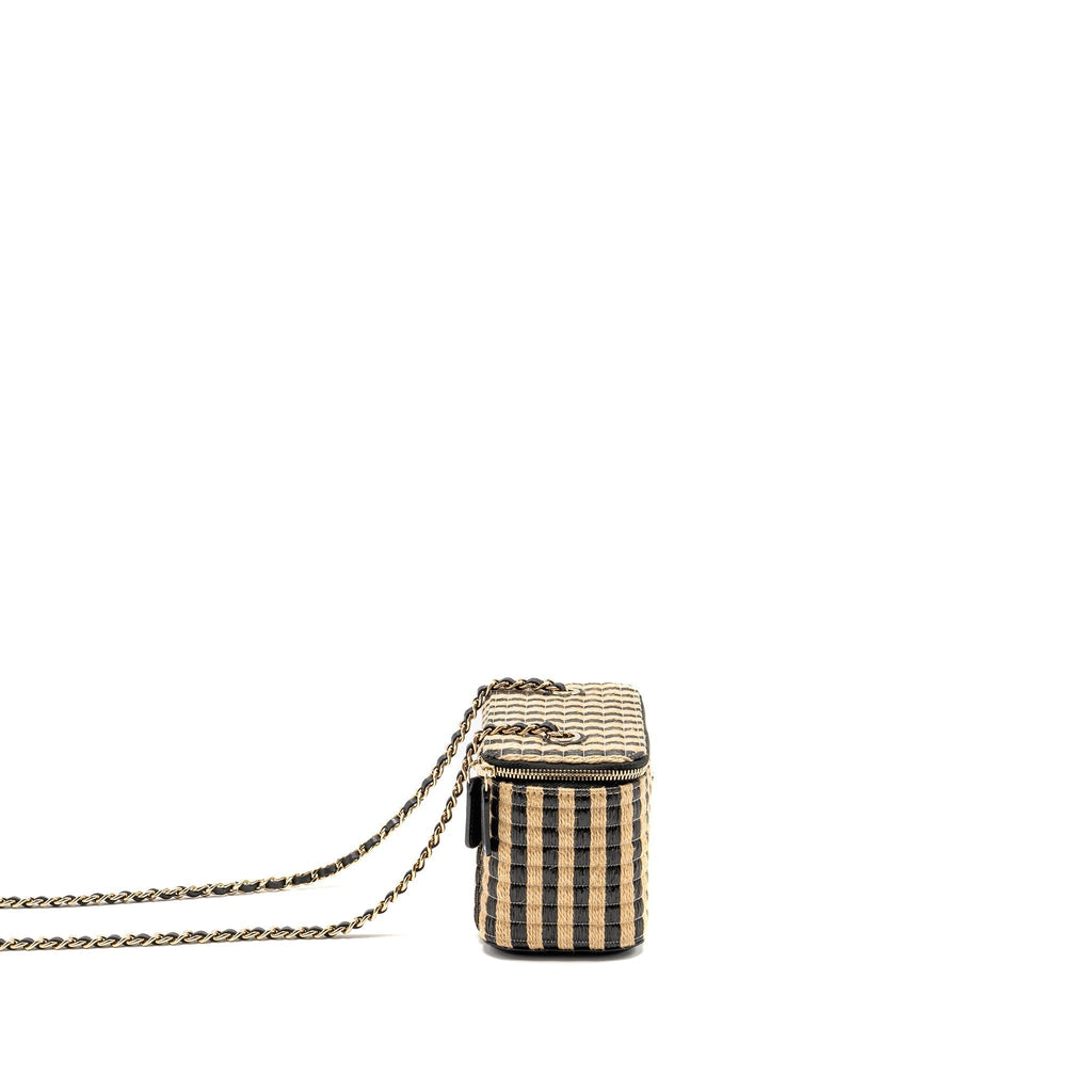CHANEL LONG VANITY CASE BAG RAFFIA/CALFSKIN BLACK/BEIGE LGHW
