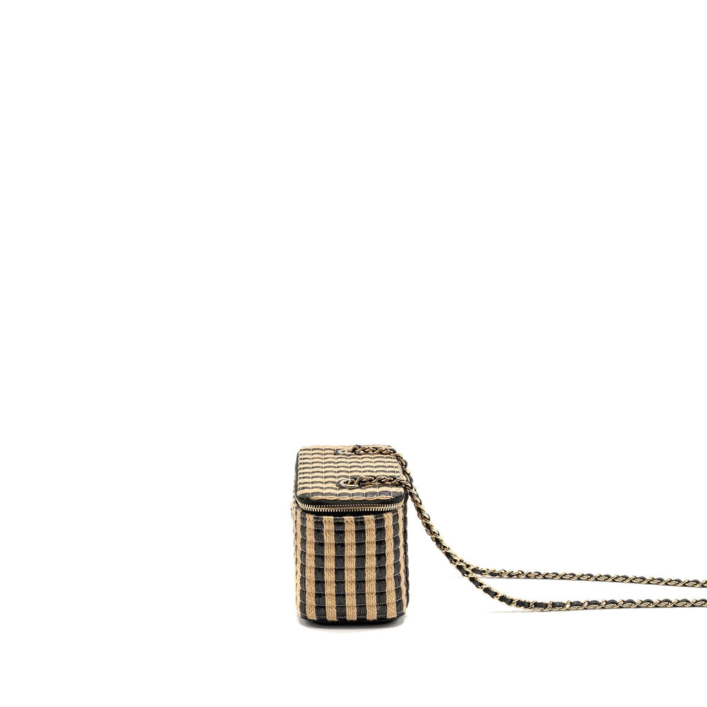 CHANEL LONG VANITY CASE BAG RAFFIA/CALFSKIN BLACK/BEIGE LGHW