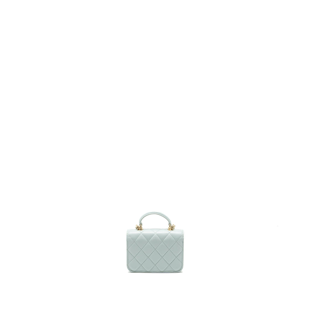 CHANEL TOP HANDLE MINI FLAP CLUTCH WITH CHAIN LAMBSKIN LIGHT BLUE LGHW