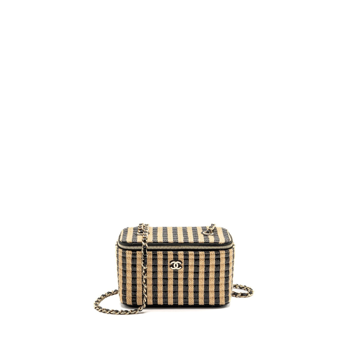 CHANEL LONG VANITY CASE BAG RAFFIA/CALFSKIN BLACK/BEIGE LGHW